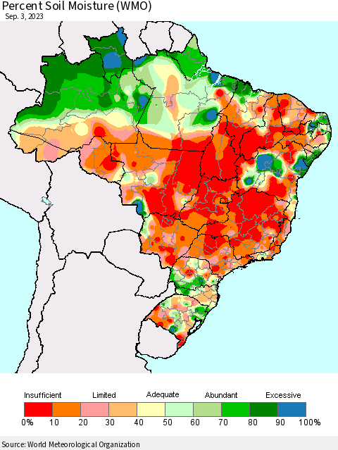Brazil Percent Soil Moisture (WMO) Thematic Map For 8/28/2023 - 9/3/2023