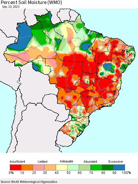 Brazil Percent Soil Moisture (WMO) Thematic Map For 9/4/2023 - 9/10/2023