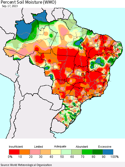 Brazil Percent Soil Moisture (WMO) Thematic Map For 9/11/2023 - 9/17/2023