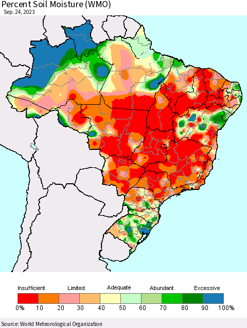 Brazil Percent Soil Moisture (WMO) Thematic Map For 9/18/2023 - 9/24/2023