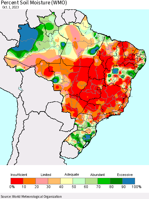 Brazil Percent Soil Moisture (WMO) Thematic Map For 9/25/2023 - 10/1/2023