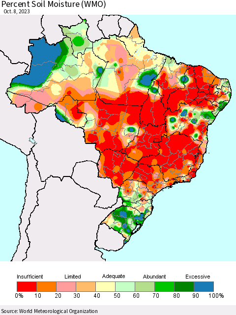 Brazil Percent Soil Moisture (WMO) Thematic Map For 10/2/2023 - 10/8/2023