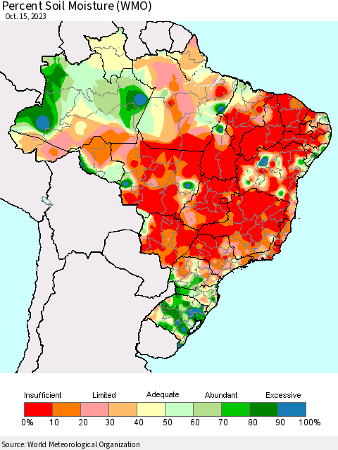 Brazil Percent Soil Moisture (WMO) Thematic Map For 10/9/2023 - 10/15/2023