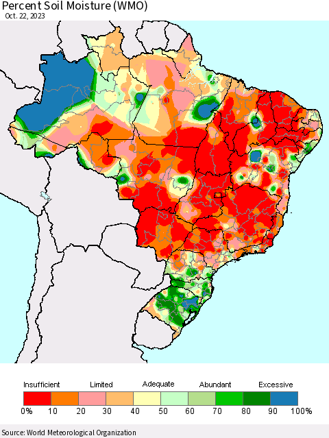 Brazil Percent Soil Moisture (WMO) Thematic Map For 10/16/2023 - 10/22/2023