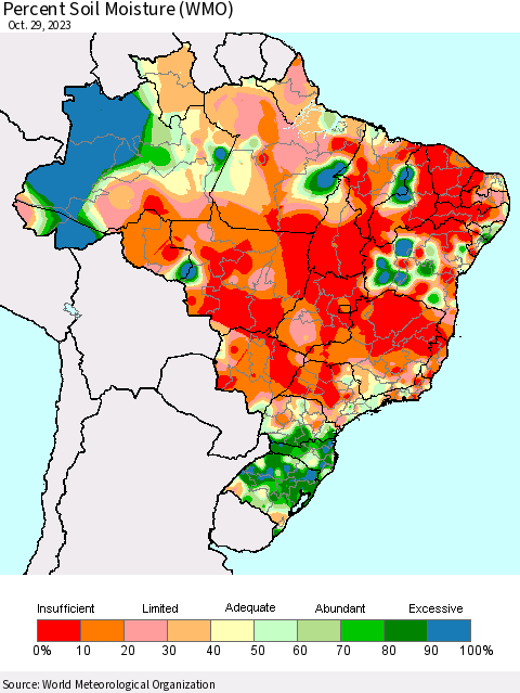 Brazil Percent Soil Moisture (WMO) Thematic Map For 10/23/2023 - 10/29/2023
