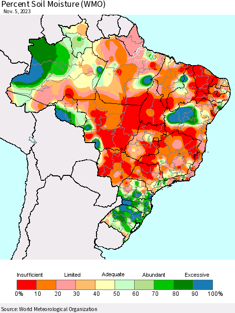 Brazil Percent Soil Moisture (WMO) Thematic Map For 10/30/2023 - 11/5/2023