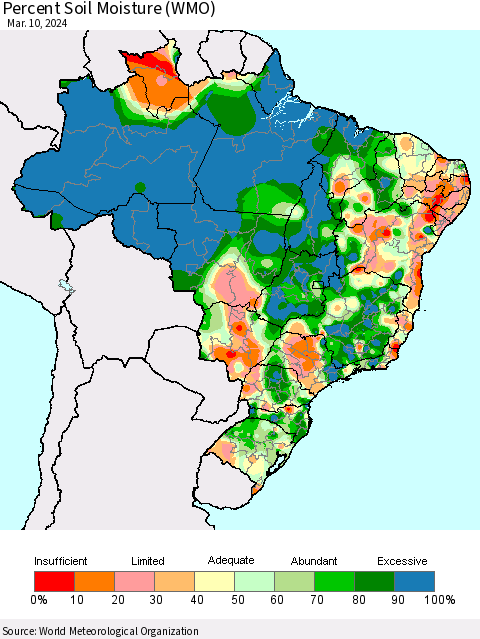Brazil Percent Soil Moisture (WMO) Thematic Map For 3/4/2024 - 3/10/2024