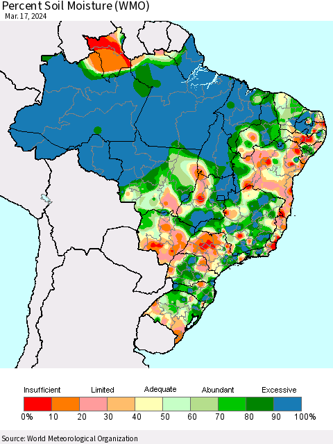 Brazil Percent Soil Moisture (WMO) Thematic Map For 3/11/2024 - 3/17/2024