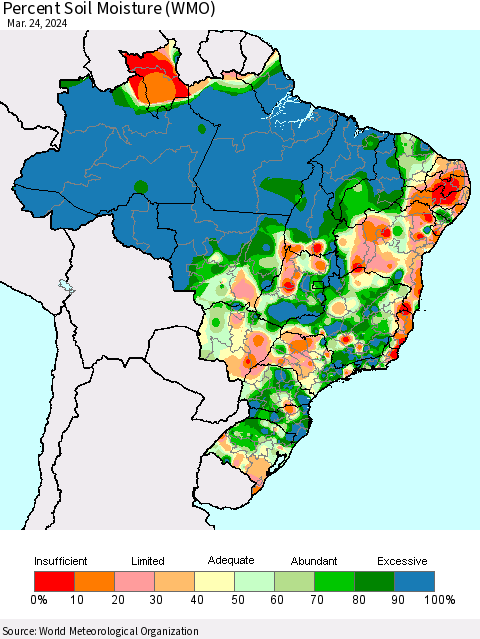 Brazil Percent Soil Moisture (WMO) Thematic Map For 3/18/2024 - 3/24/2024