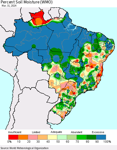 Brazil Percent Soil Moisture (WMO) Thematic Map For 3/25/2024 - 3/31/2024