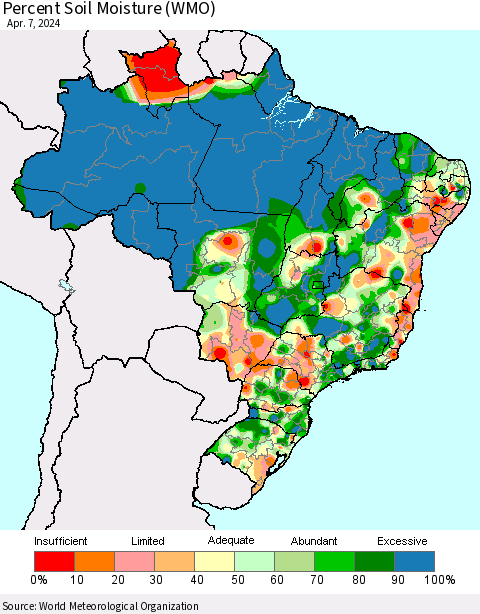 Brazil Percent Soil Moisture (WMO) Thematic Map For 4/1/2024 - 4/7/2024