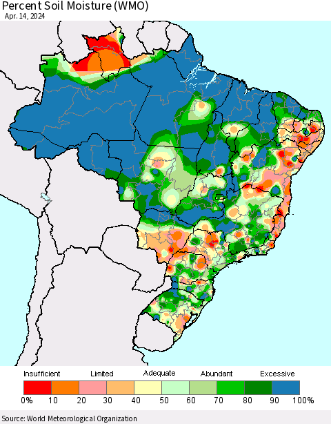 Brazil Percent Soil Moisture (WMO) Thematic Map For 4/8/2024 - 4/14/2024