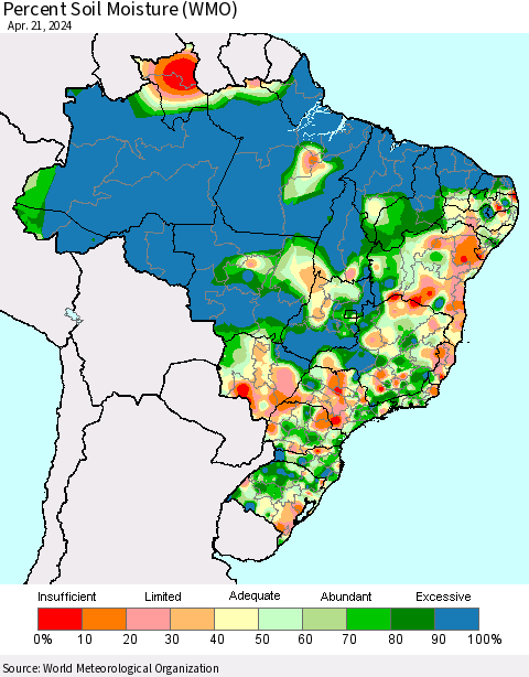 Brazil Percent Soil Moisture (WMO) Thematic Map For 4/15/2024 - 4/21/2024