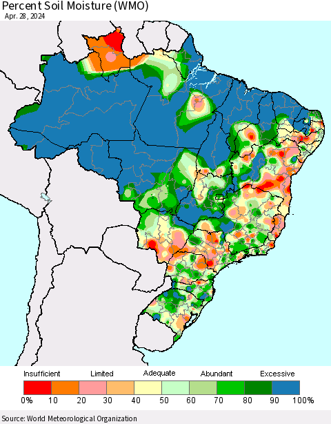 Brazil Percent Soil Moisture (WMO) Thematic Map For 4/22/2024 - 4/28/2024