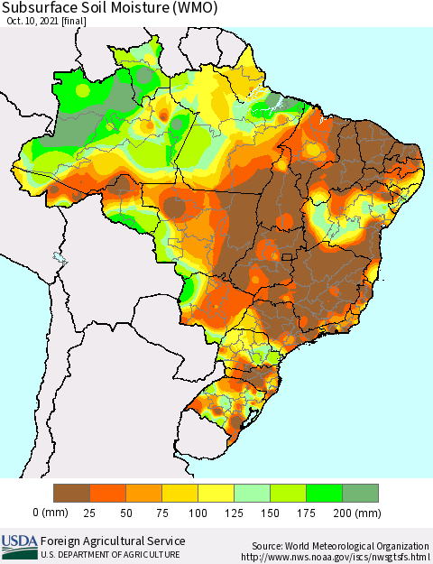 Brazil Subsurface Soil Moisture (WMO) Thematic Map For 10/4/2021 - 10/10/2021