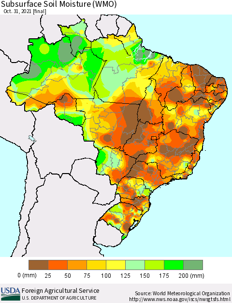 Brazil Subsurface Soil Moisture (WMO) Thematic Map For 10/25/2021 - 10/31/2021
