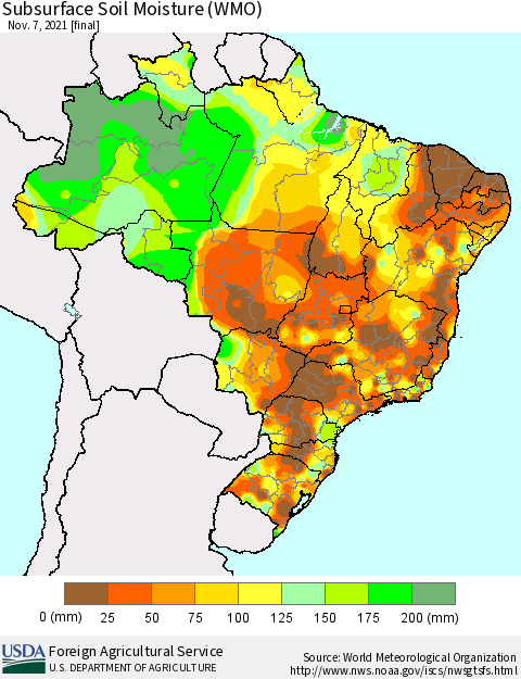 Brazil Subsurface Soil Moisture (WMO) Thematic Map For 11/1/2021 - 11/7/2021