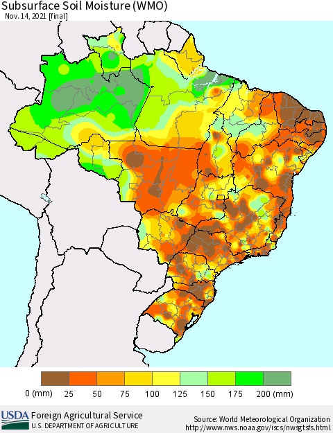 Brazil Subsurface Soil Moisture (WMO) Thematic Map For 11/8/2021 - 11/14/2021