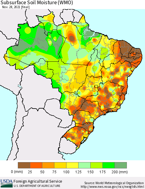 Brazil Subsurface Soil Moisture (WMO) Thematic Map For 11/22/2021 - 11/28/2021