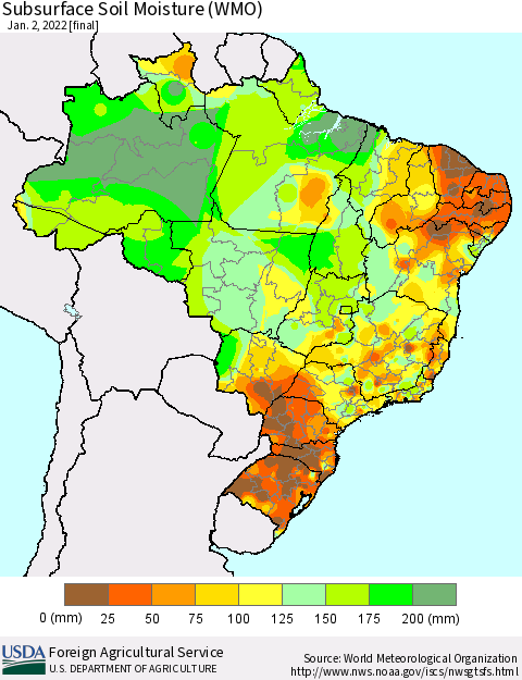 Brazil Subsurface Soil Moisture (WMO) Thematic Map For 12/27/2021 - 1/2/2022
