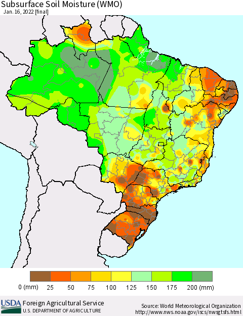 Brazil Subsurface Soil Moisture (WMO) Thematic Map For 1/10/2022 - 1/16/2022