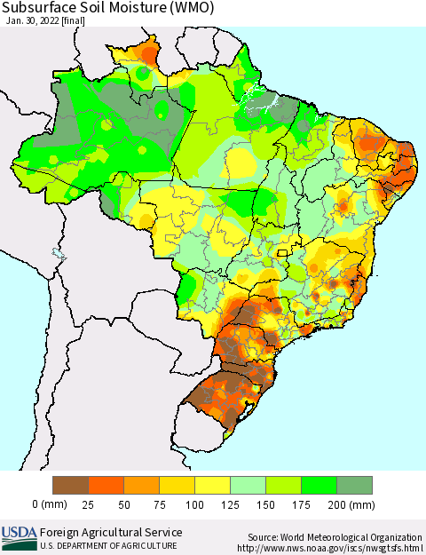 Brazil Subsurface Soil Moisture (WMO) Thematic Map For 1/24/2022 - 1/30/2022