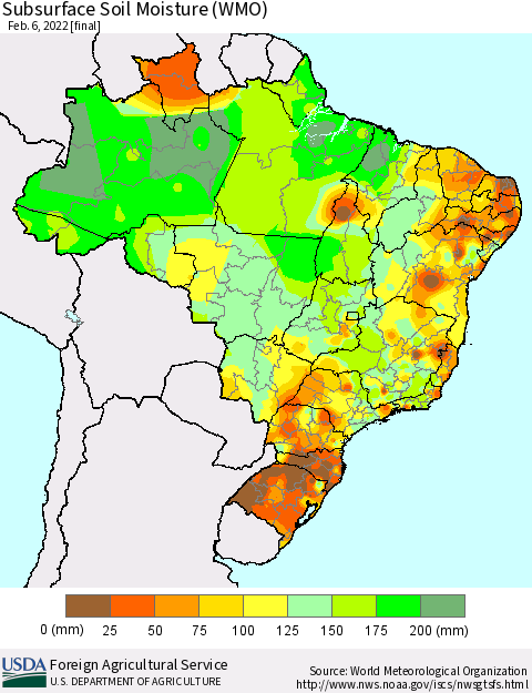 Brazil Subsurface Soil Moisture (WMO) Thematic Map For 1/31/2022 - 2/6/2022