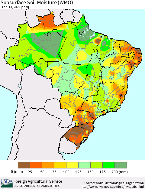 Brazil Subsurface Soil Moisture (WMO) Thematic Map For 2/7/2022 - 2/13/2022