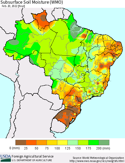 Brazil Subsurface Soil Moisture (WMO) Thematic Map For 2/14/2022 - 2/20/2022