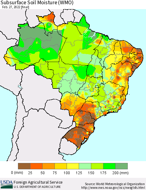 Brazil Subsurface Soil Moisture (WMO) Thematic Map For 2/21/2022 - 2/27/2022