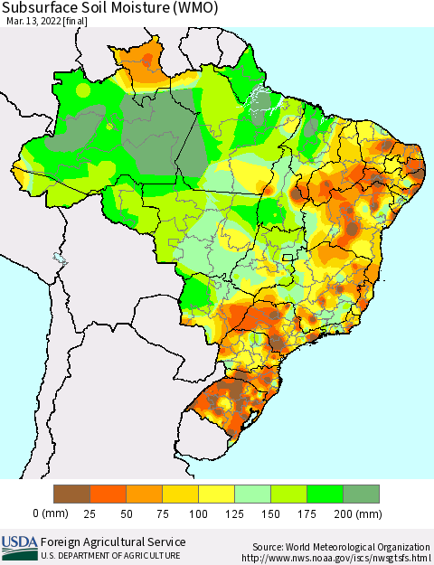 Brazil Subsurface Soil Moisture (WMO) Thematic Map For 3/7/2022 - 3/13/2022