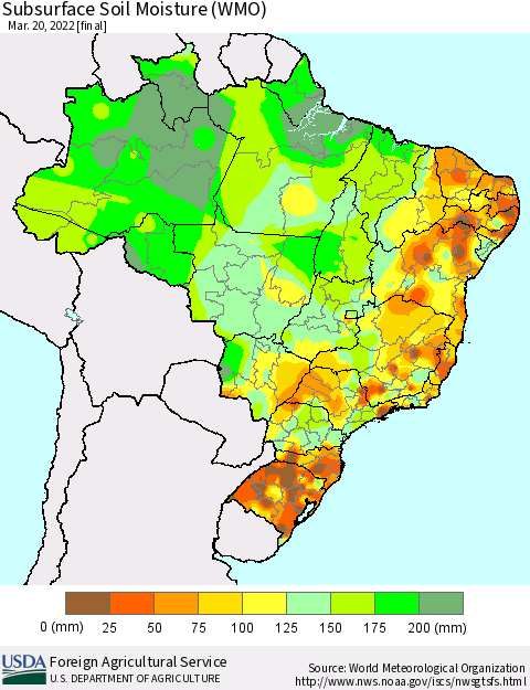 Brazil Subsurface Soil Moisture (WMO) Thematic Map For 3/14/2022 - 3/20/2022