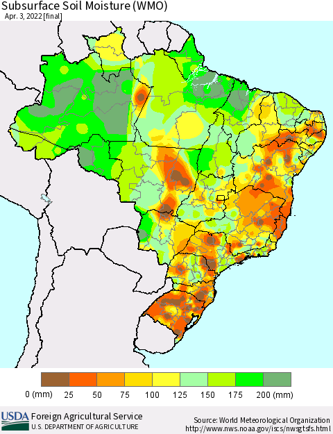 Brazil Subsurface Soil Moisture (WMO) Thematic Map For 3/28/2022 - 4/3/2022