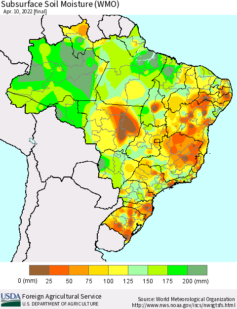 Brazil Subsurface Soil Moisture (WMO) Thematic Map For 4/4/2022 - 4/10/2022