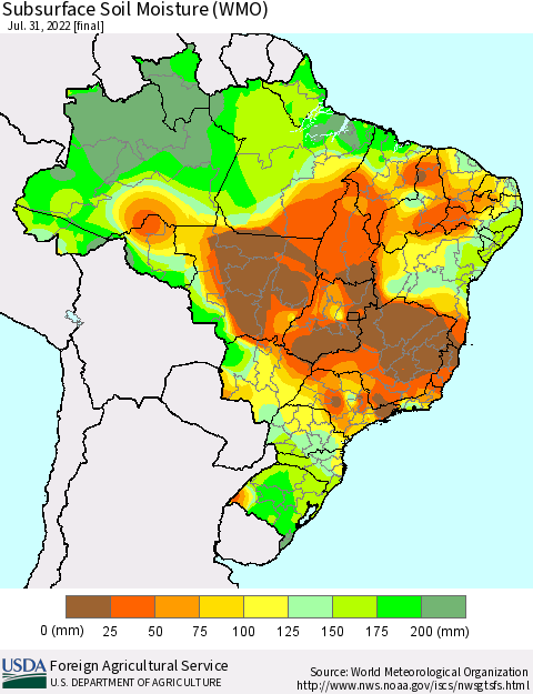 Brazil Subsurface Soil Moisture (WMO) Thematic Map For 7/25/2022 - 7/31/2022