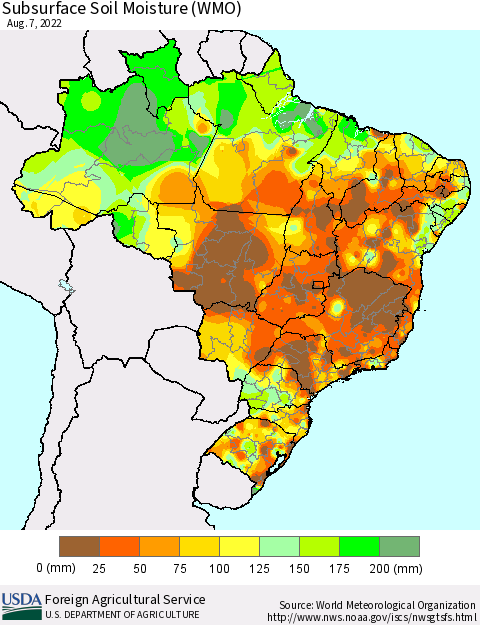 Brazil Subsurface Soil Moisture (WMO) Thematic Map For 8/1/2022 - 8/7/2022