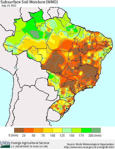 Brazil Subsurface Soil Moisture (WMO) Thematic Map For 8/8/2022 - 8/14/2022