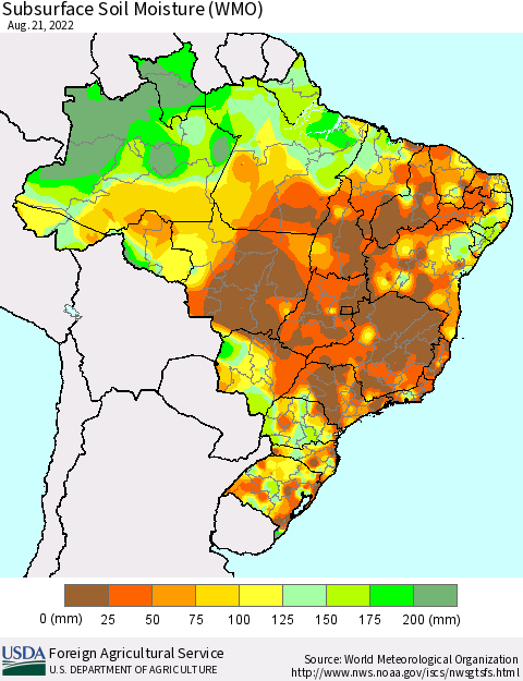 Brazil Subsurface Soil Moisture (WMO) Thematic Map For 8/15/2022 - 8/21/2022