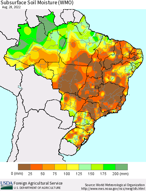Brazil Subsurface Soil Moisture (WMO) Thematic Map For 8/22/2022 - 8/28/2022
