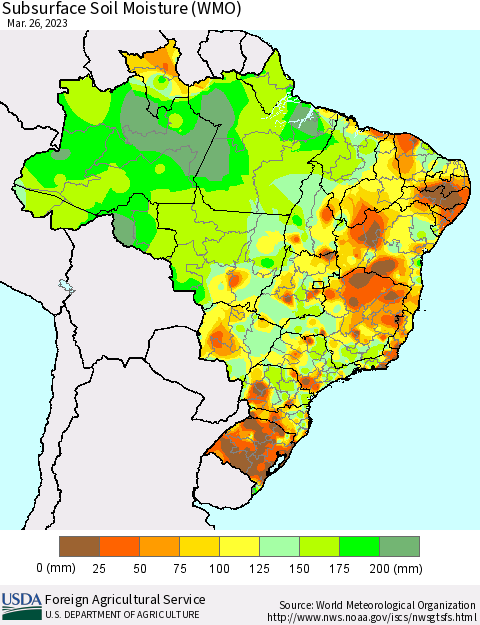 Brazil Subsurface Soil Moisture (WMO) Thematic Map For 3/20/2023 - 3/26/2023