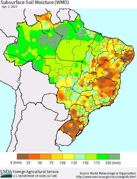 Brazil Subsurface Soil Moisture (WMO) Thematic Map For 3/27/2023 - 4/2/2023