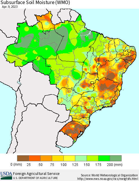 Brazil Subsurface Soil Moisture (WMO) Thematic Map For 4/3/2023 - 4/9/2023