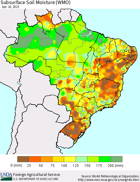 Brazil Subsurface Soil Moisture (WMO) Thematic Map For 4/10/2023 - 4/16/2023