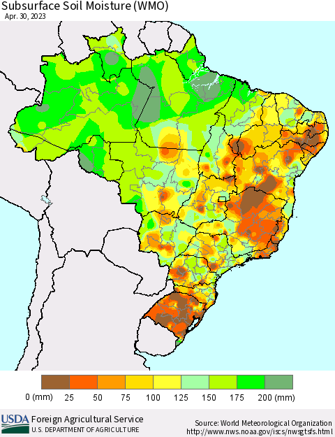Brazil Subsurface Soil Moisture (WMO) Thematic Map For 4/24/2023 - 4/30/2023