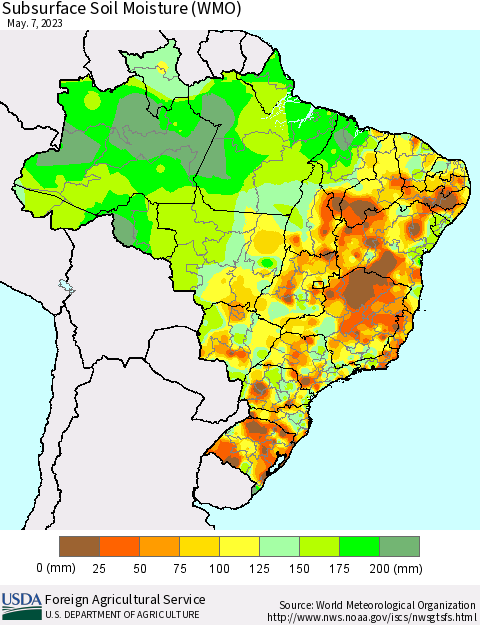 Brazil Subsurface Soil Moisture (WMO) Thematic Map For 5/1/2023 - 5/7/2023