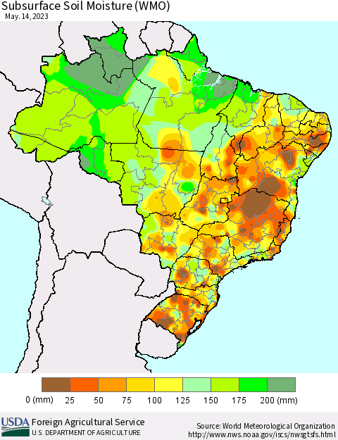 Brazil Subsurface Soil Moisture (WMO) Thematic Map For 5/8/2023 - 5/14/2023