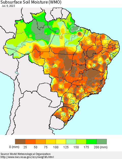 Brazil Subsurface Soil Moisture (WMO) Thematic Map For 7/3/2023 - 7/9/2023