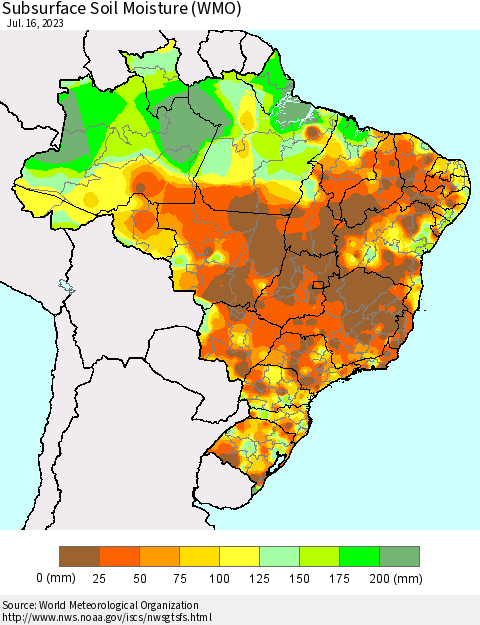Brazil Subsurface Soil Moisture (WMO) Thematic Map For 7/10/2023 - 7/16/2023
