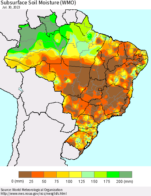 Brazil Subsurface Soil Moisture (WMO) Thematic Map For 7/24/2023 - 7/30/2023
