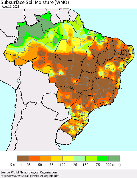 Brazil Subsurface Soil Moisture (WMO) Thematic Map For 8/7/2023 - 8/13/2023